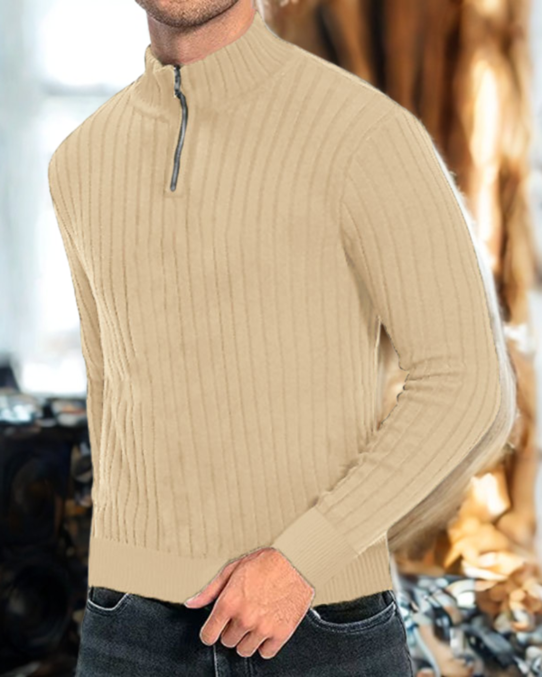Drilan | Men's Mock Neck Ribbed Knit Sweatshirt