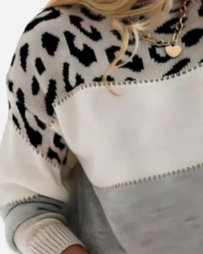 Savannah Leopard Patchwork Knit Sweater – Bold & Cozy Statement Piece