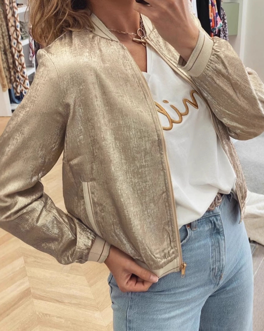 Nayumi | Women's Bomber Jacket Shiny Textured Cropped Fit