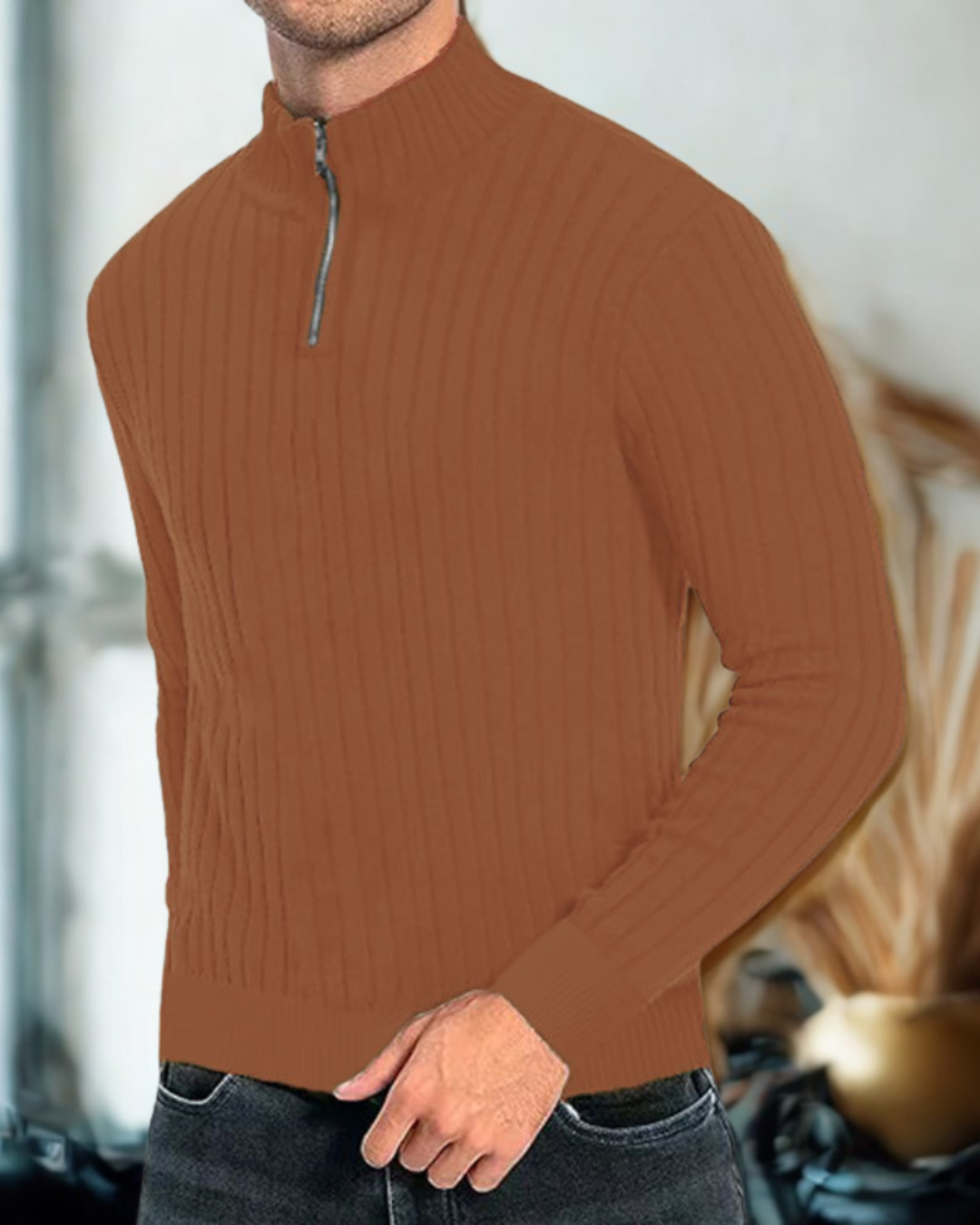 Drilan | Men's Mock Neck Ribbed Knit Sweatshirt