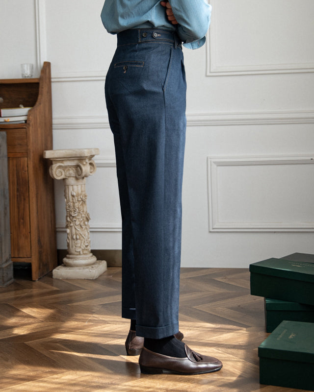 Men's High-Waisted Pleated Denim Trousers – Tailored Fit, Stretch Comfort