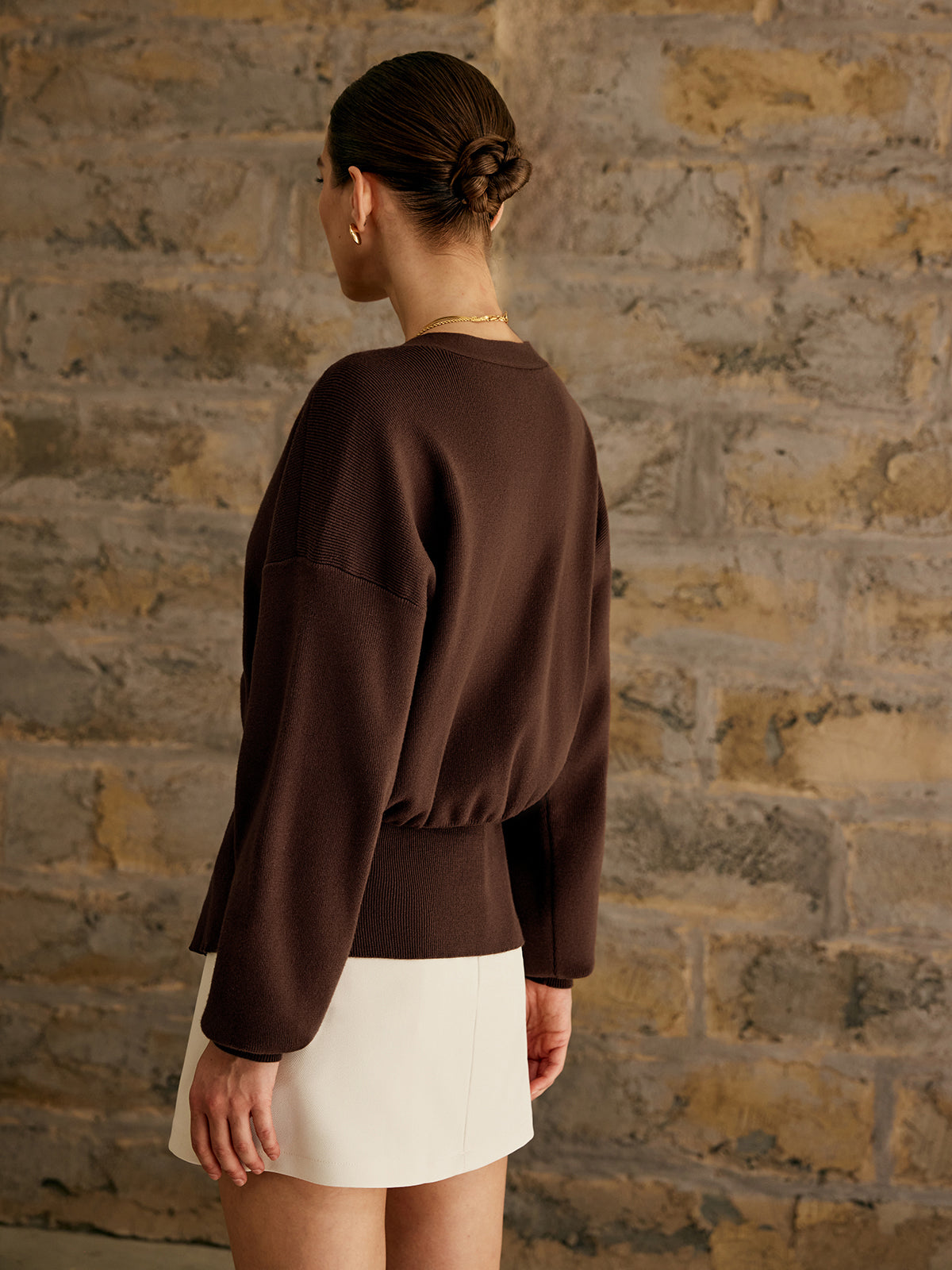 Women's Knit Cardigan - Soft Fabric - V-Neck - Long Sleeve - Golden Button Closure