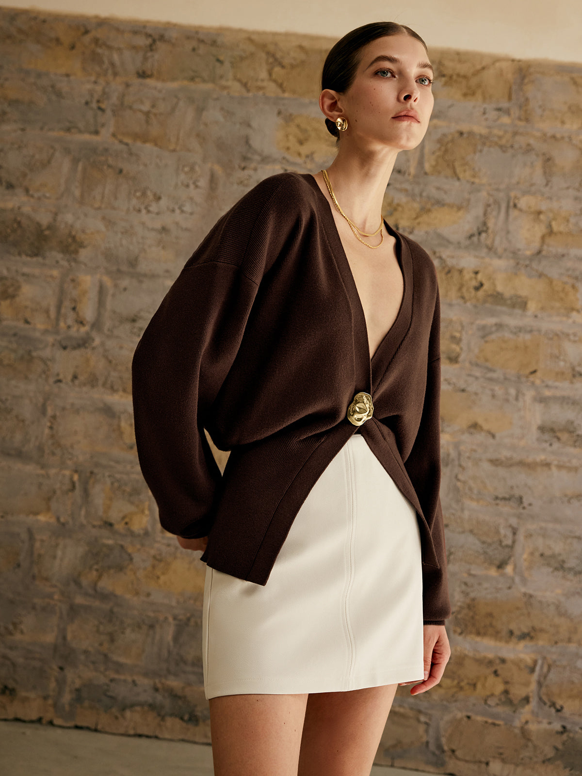 Women's Knit Cardigan - Soft Fabric - V-Neck - Long Sleeve - Golden Button Closure