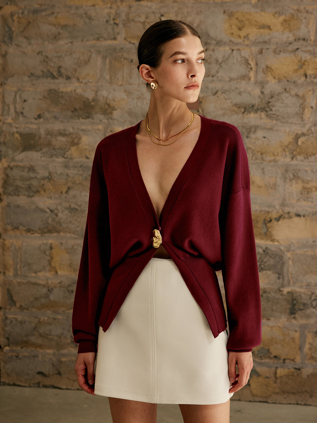 Women's Knit Cardigan - Soft Fabric - V-Neck - Long Sleeve - Golden Button Closure