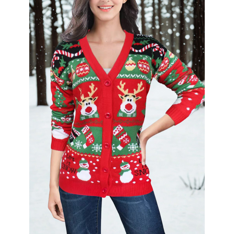 Women’s Cardigan – Loose Fit Knit – V-Neck – Button Front – Ribbed Trim – Holiday Motif
