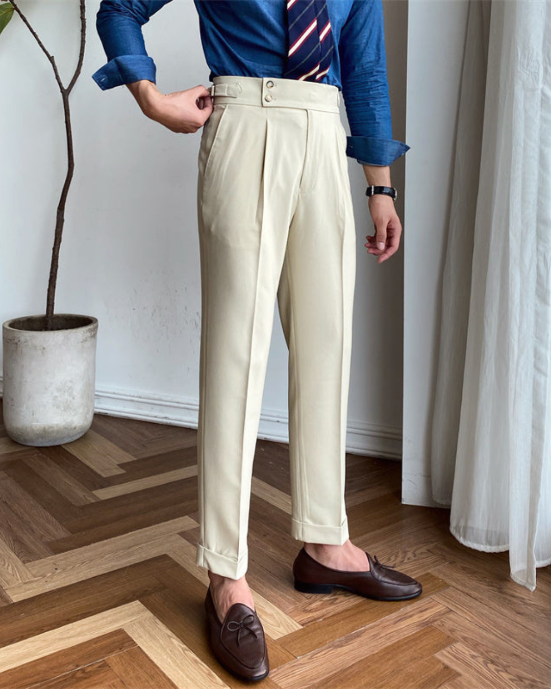 Men’s Slim Fit Suit Wrinkle-Resistant Trousers – High Waist, Formal Smart Style