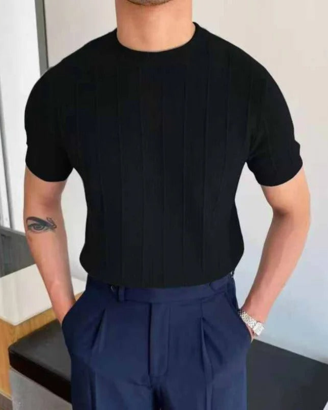 Men’s Slim Fit T-Shirt – Striped & Textured Luxury Tee