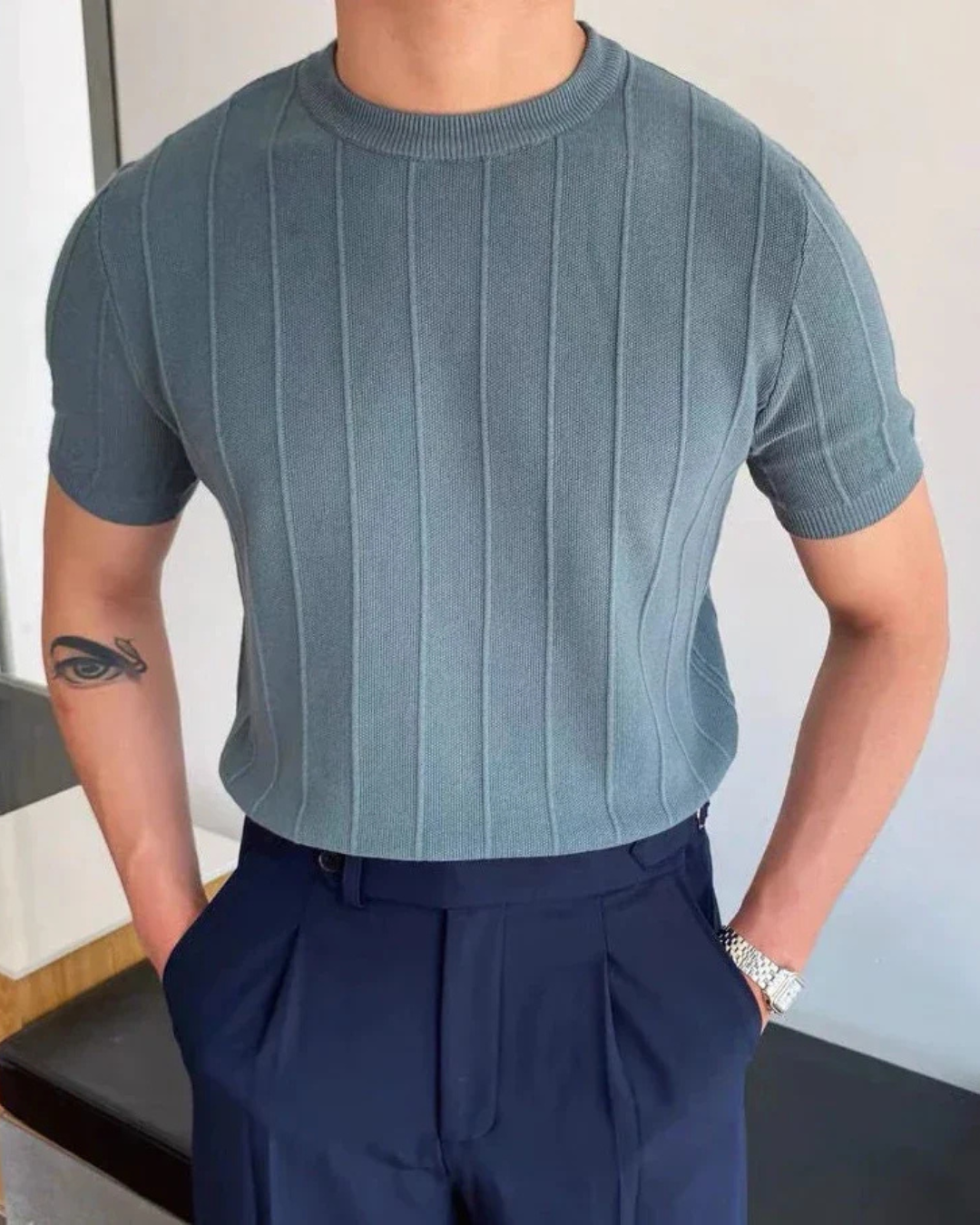 Men’s Slim Fit T-Shirt – Striped & Textured Luxury Tee