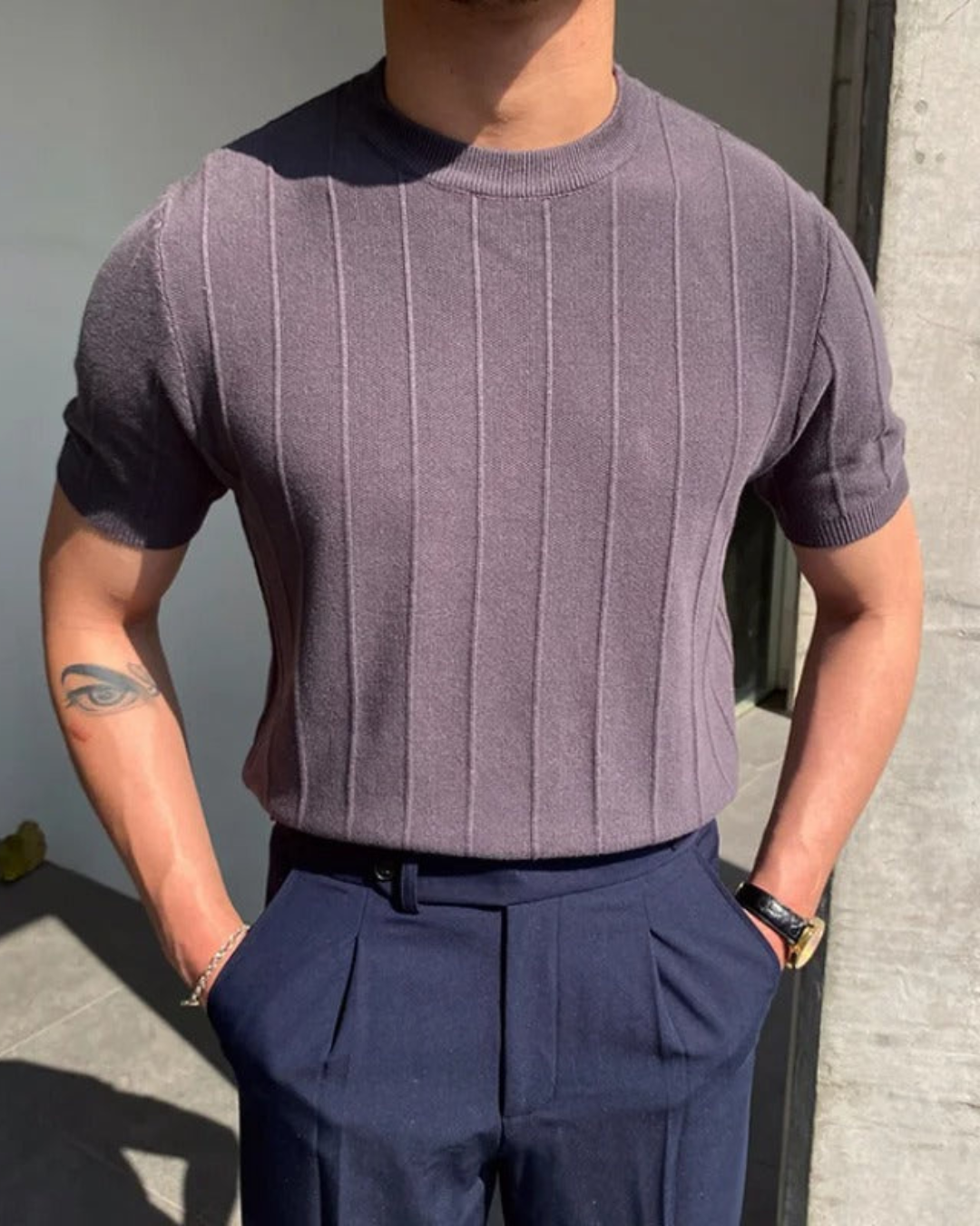 Men’s Slim Fit T-Shirt – Striped & Textured Luxury Tee
