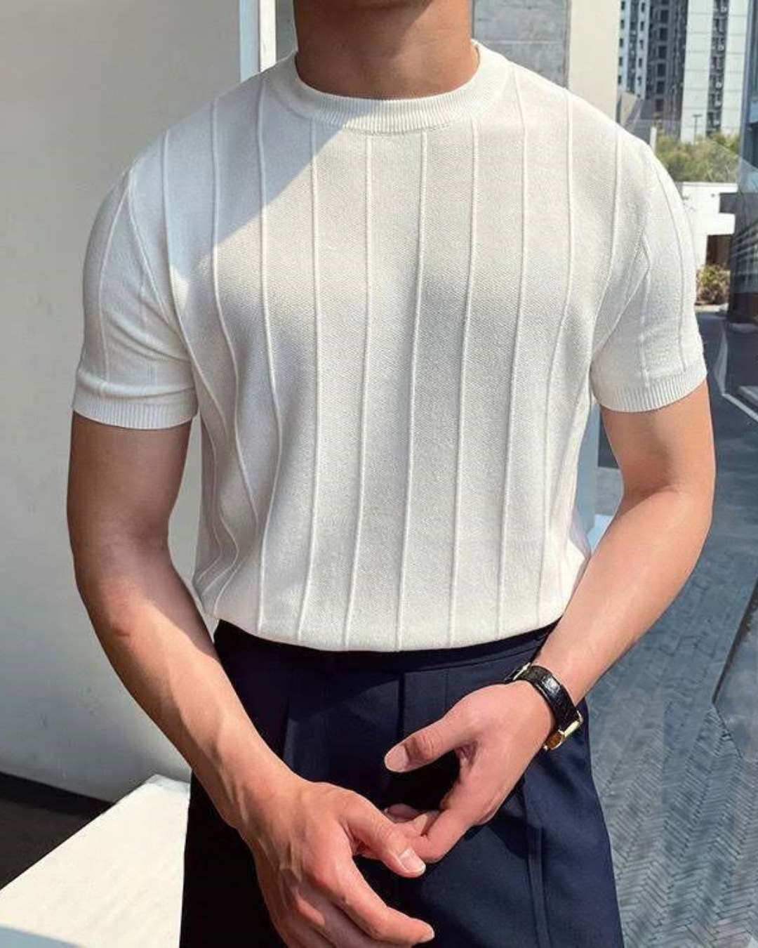 Men’s Slim Fit T-Shirt – Striped & Textured Luxury Tee