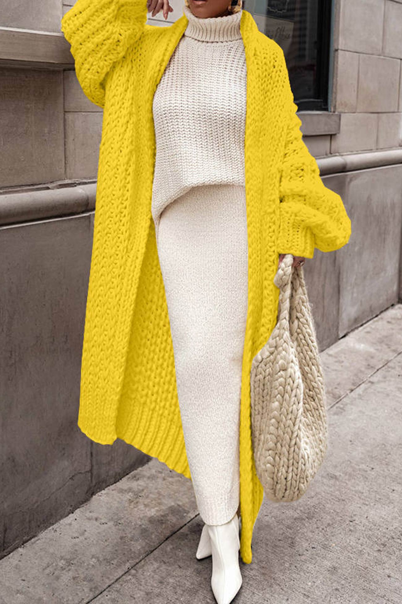 Women’s Long Cardigan – Chunky Knit – Oversized Fit – Open Front – Ribbed Cuffs
