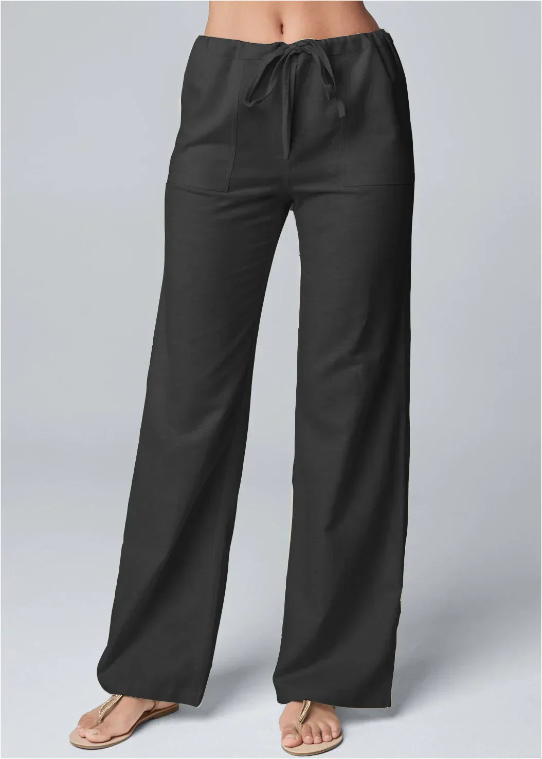 Women's Wide-Leg Linen Trousers – High Waist & Drawstring Fit