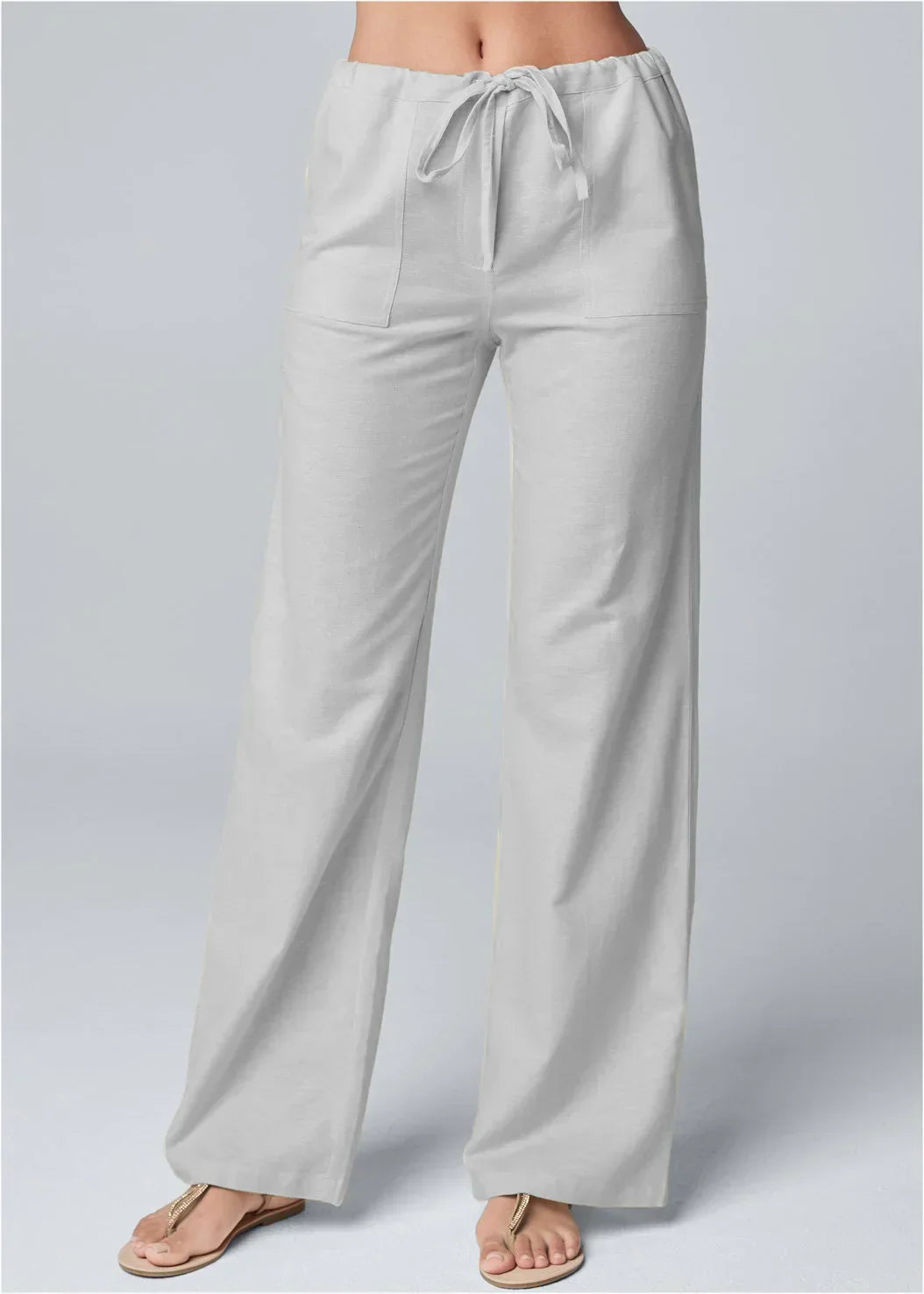 Women's Wide-Leg Linen Trousers – High Waist & Drawstring Fit