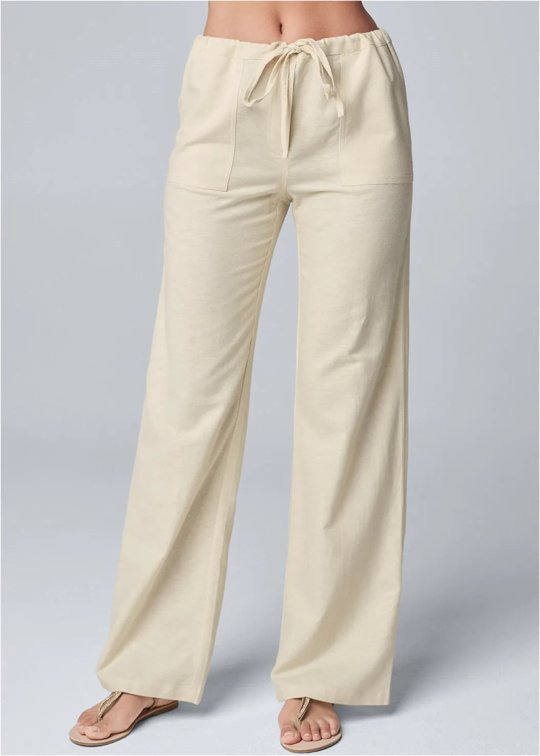 Women's Wide-Leg Linen Trousers – High Waist & Drawstring Fit