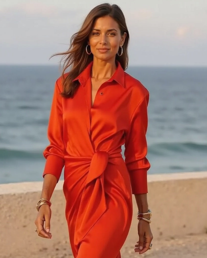 Silk Satin Wrap Dress – V-Neck, Long Sleeves & Event-Ready