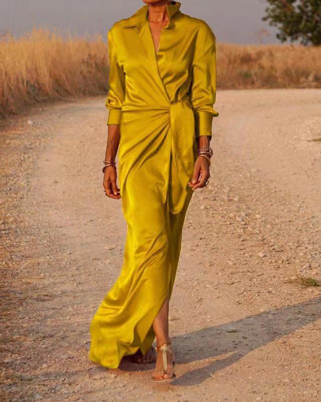 Silk Satin Wrap Dress – V-Neck, Long Sleeves & Event-Ready4
