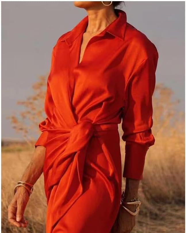 Silk Satin Wrap Dress – V-Neck, Long Sleeves & Event-Ready57