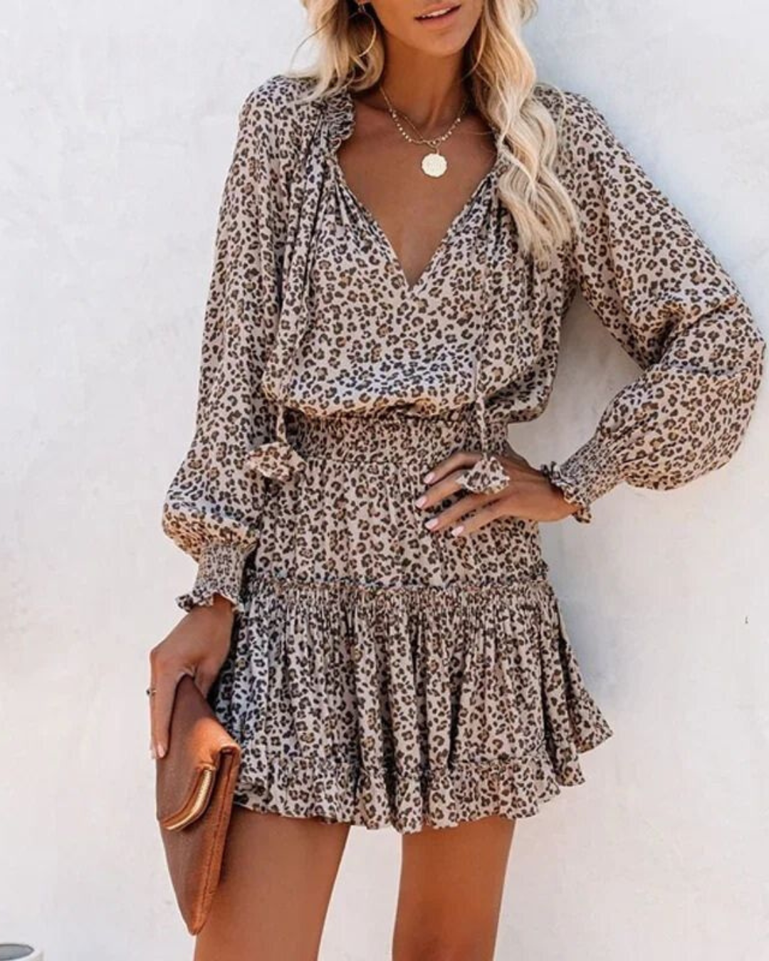 Women's Boho Mini Dress – Smocked Waist & V-Neck Tie