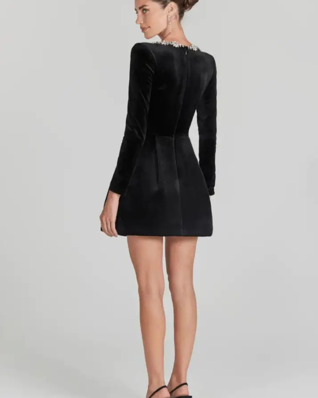 Women's Elegant Velvet Mini Dress – Long Sleeve & Embellished Neck