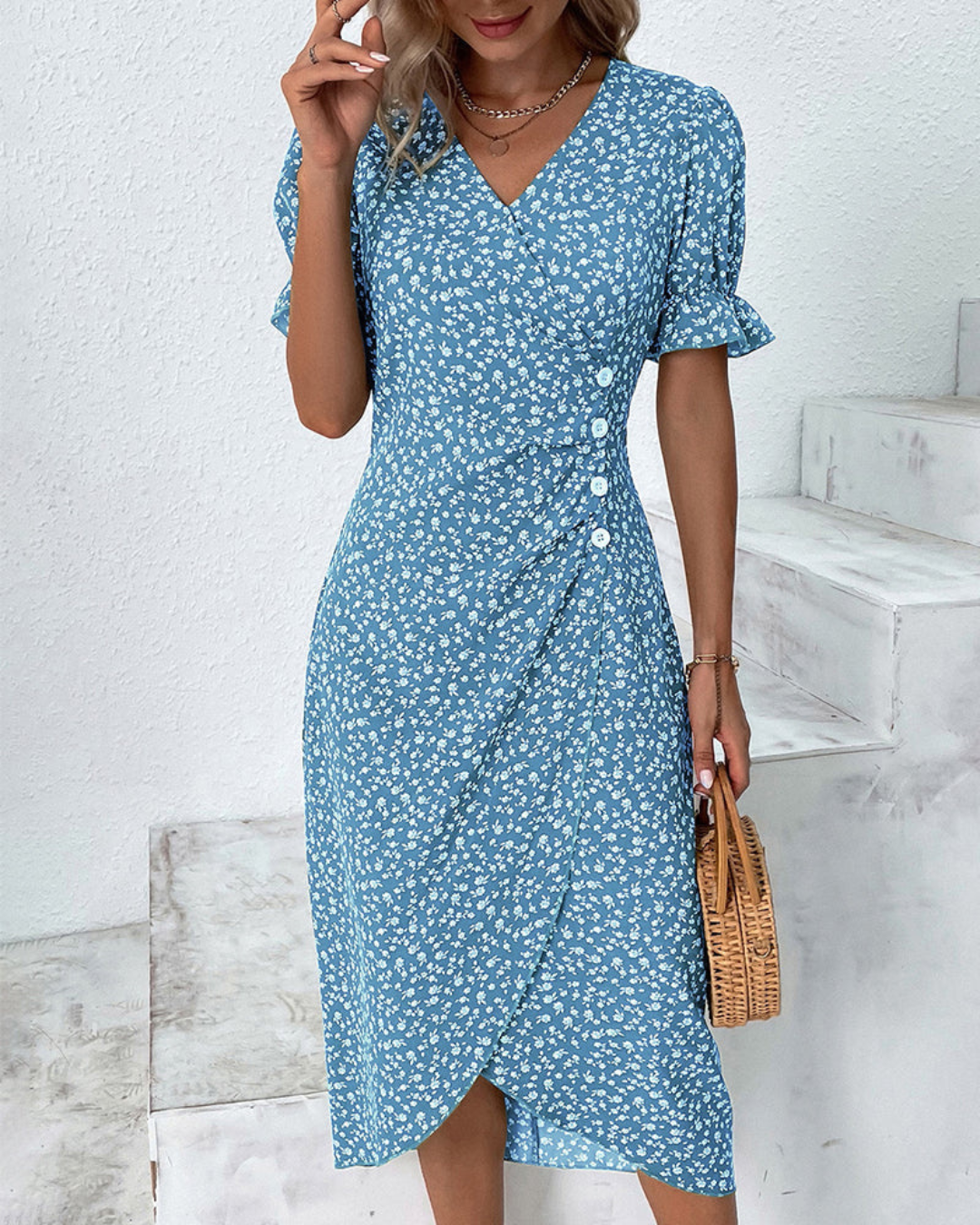 Women's Floral Wrap Dress – Elegant V-Neck Summer Style