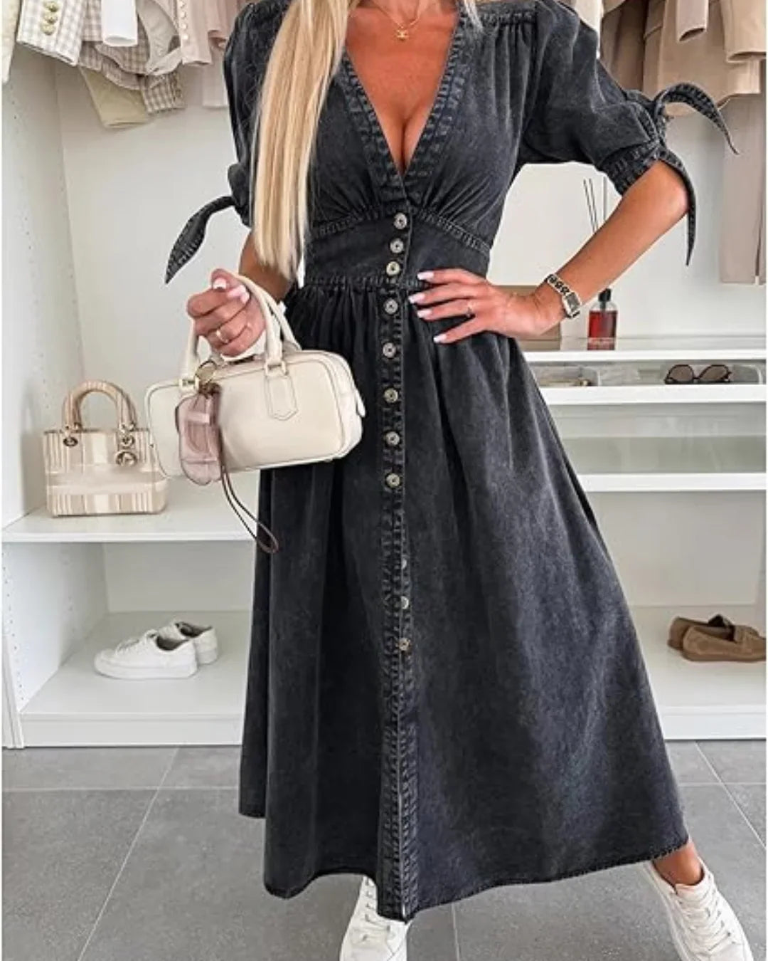 Women's V-Neck Denim Dress – Flattering Fit, Lightweight Comfort & Versatile Style