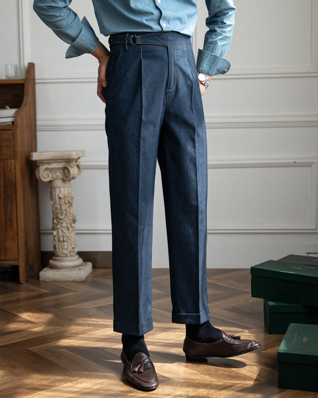 Men's High-Waisted Pleated Denim Trousers – Tailored Fit, Stretch Comfort