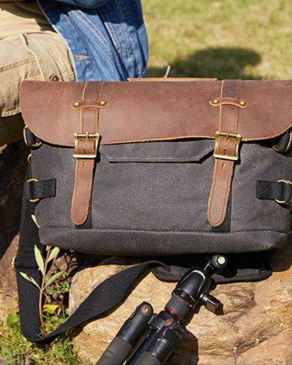 Men’s Vintage Camera Messenger Bag – Waxed Canvas Laptop Satchel 14'1"