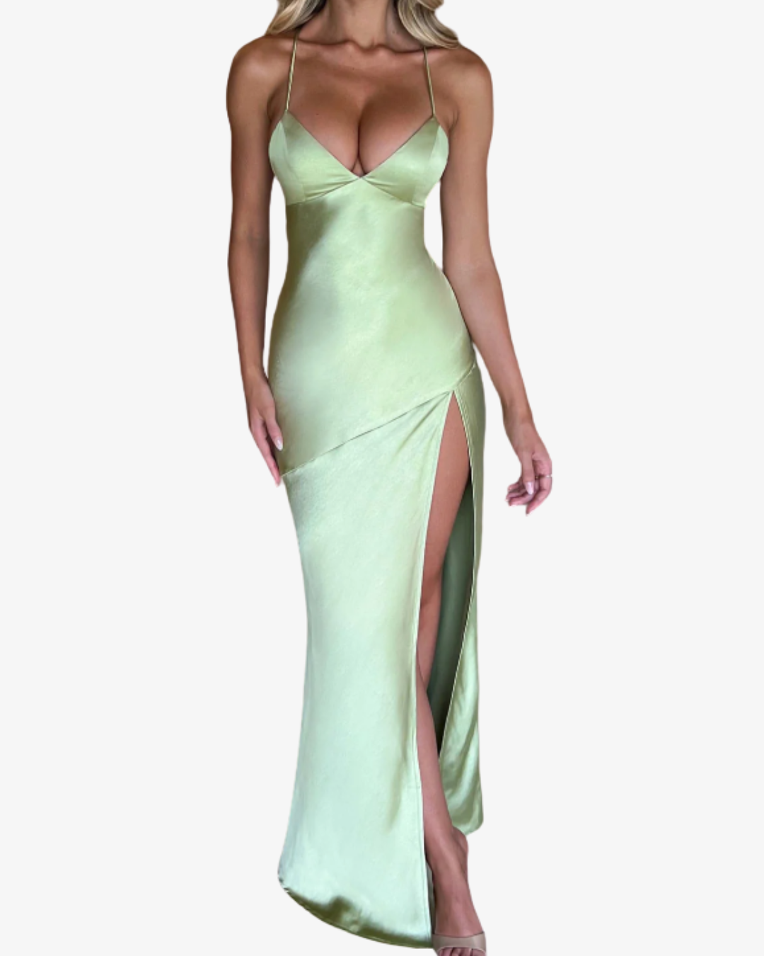 Delia | Sage Satin Maxi Dress with Slit & Spaghetti Straps