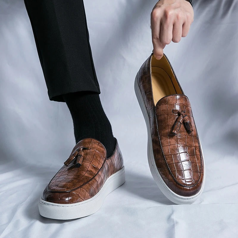 Men’s Loafers – Slip-On Tassel Design – Croc-Embossed Textured – Classic Fit