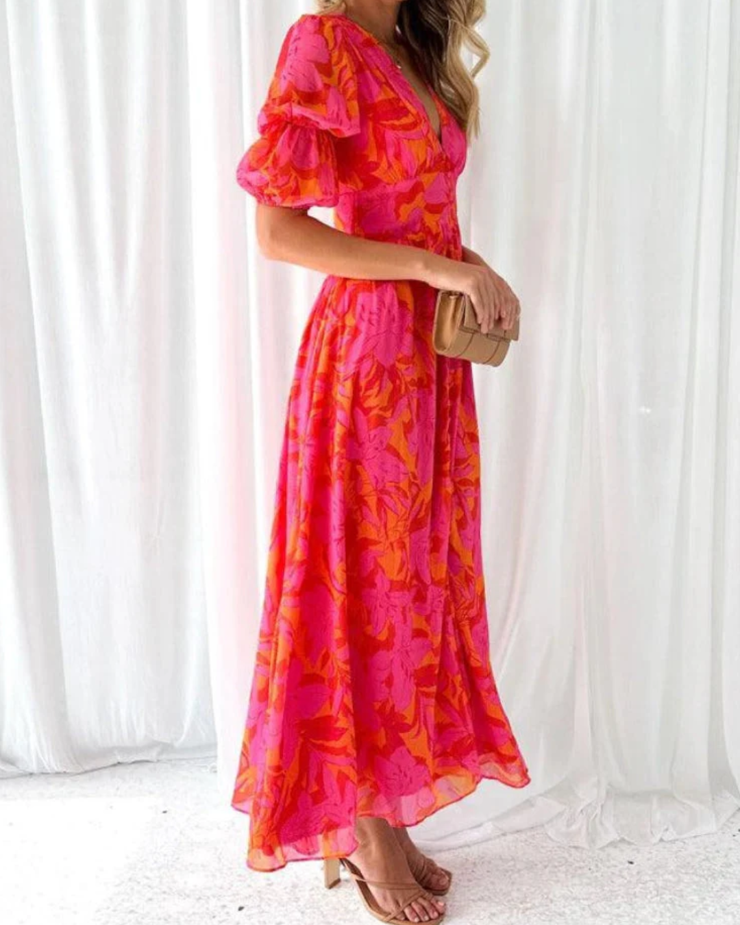 Felicity | Floral Puff Sleeve V-Neck Summer Maxi Dress