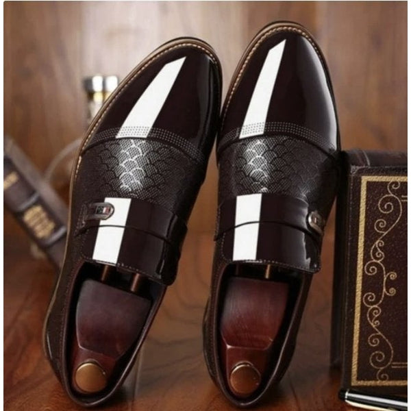 Men's Loafers - Carved Design - Polished Finish - Buckle Detail - Business Casual