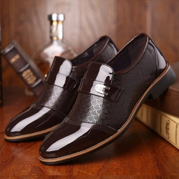 Men's Loafers - Carved Design - Polished Finish - Buckle Detail - Business Casual