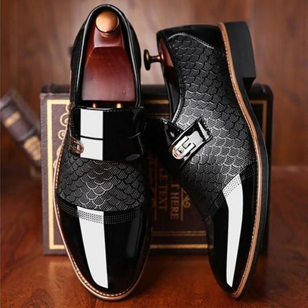 Men's Loafers - Carved Design - Polished Finish - Buckle Detail - Business Casual