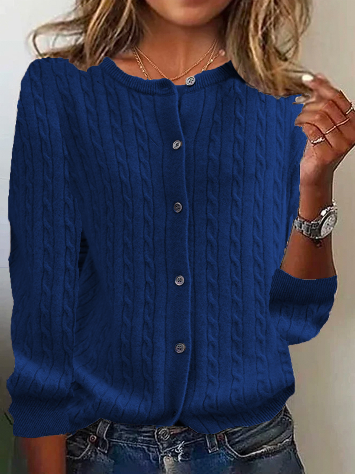 Women’s Cardigan Sweater – Wool Knit – Relaxed Fit – Cable Pattern – Button Front