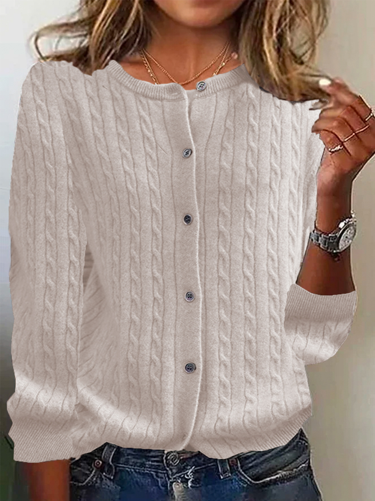 Women’s Cardigan Sweater – Wool Knit – Relaxed Fit – Cable Pattern – Button Front
