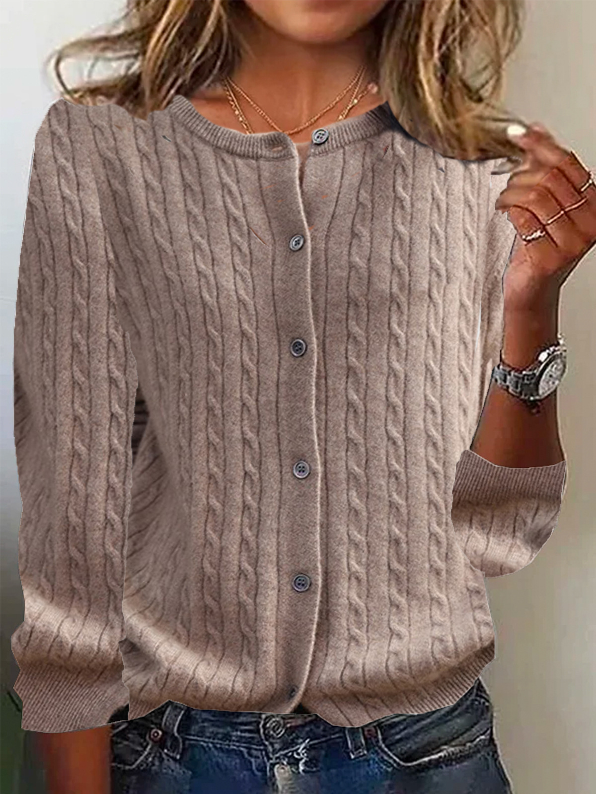 Women’s Cardigan Sweater – Wool Knit – Relaxed Fit – Cable Pattern – Button Front