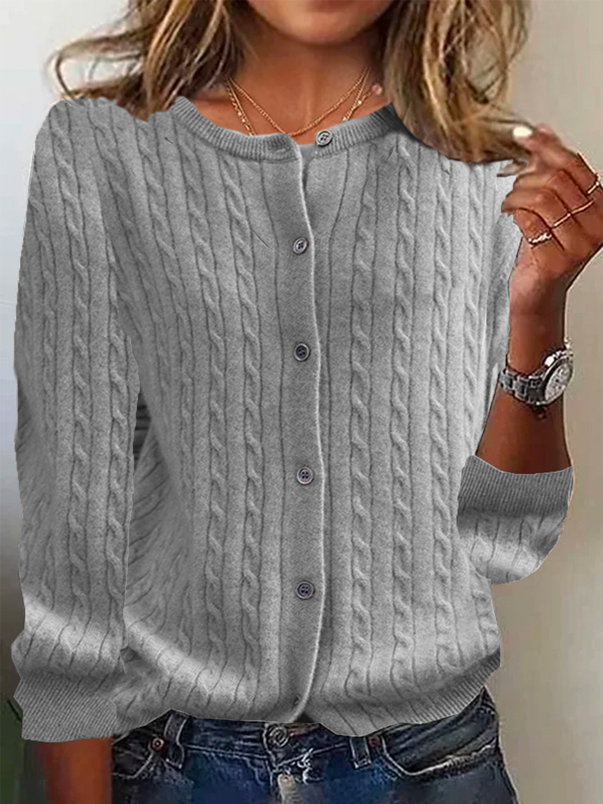 Women’s Cardigan Sweater – Wool Knit – Relaxed Fit – Cable Pattern – Button Front