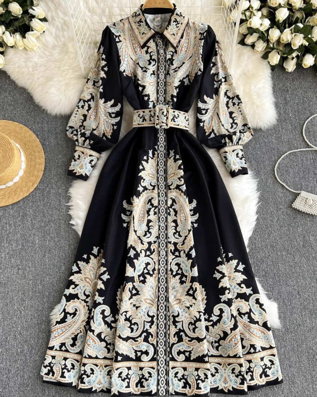 Jessica | Paisley Belted Long Sleeve A-Line Maxi Dress