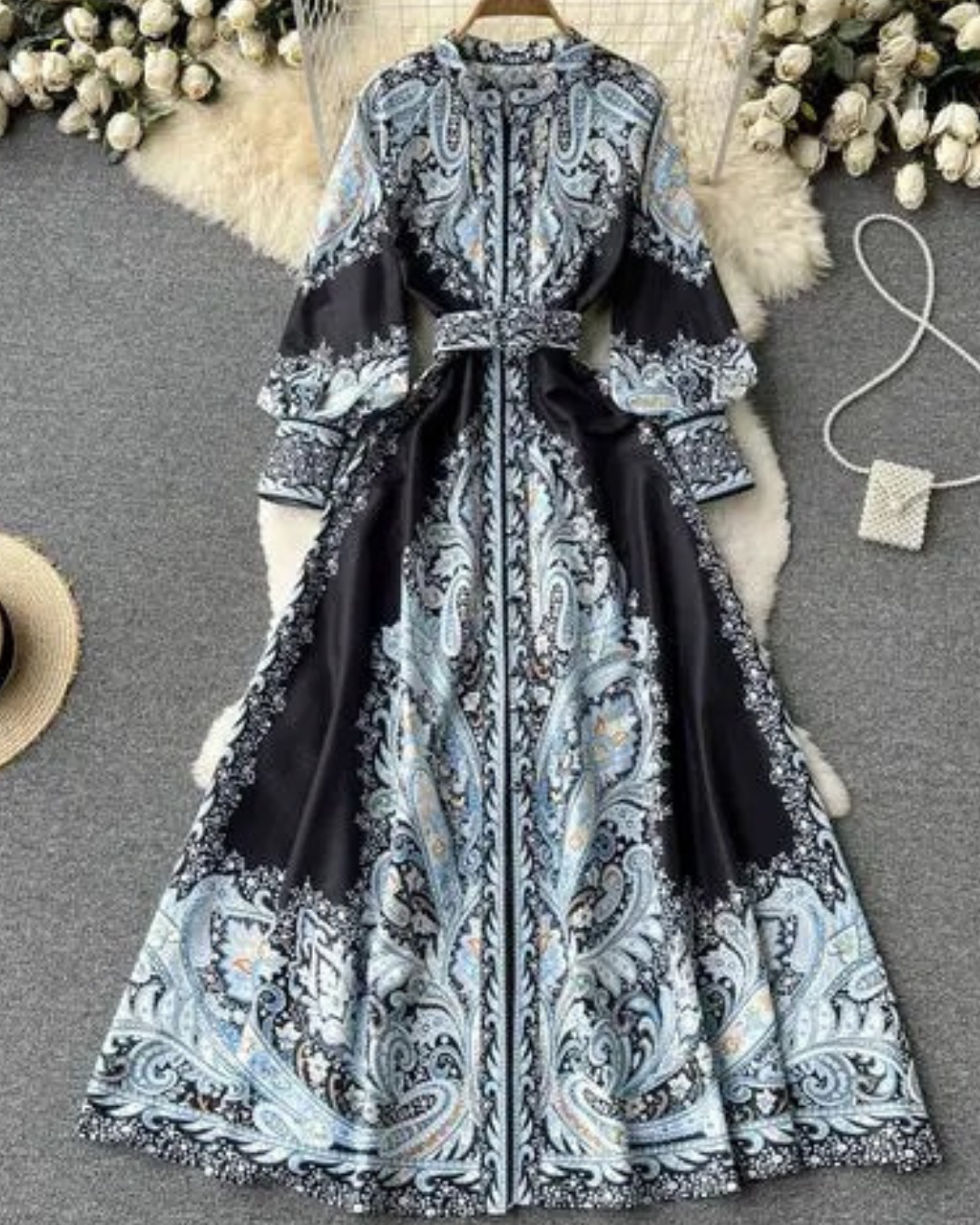 Jessica | Paisley Belted Long Sleeve A-Line Maxi Dress