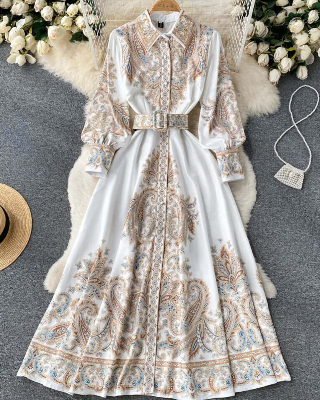 Jessica | Paisley Belted Long Sleeve A-Line Maxi Dress