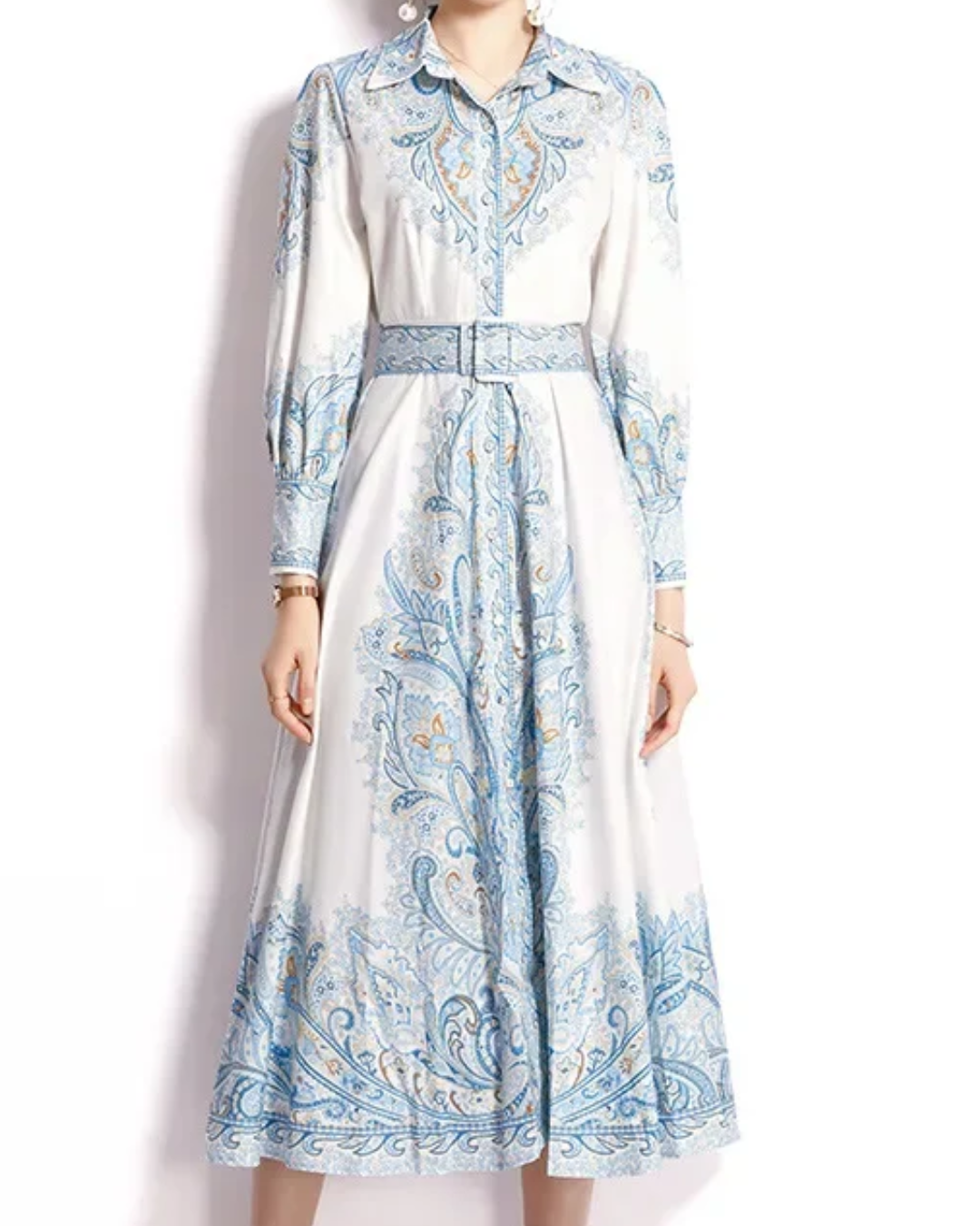 Jessica | Paisley Belted Long Sleeve A-Line Maxi Dress