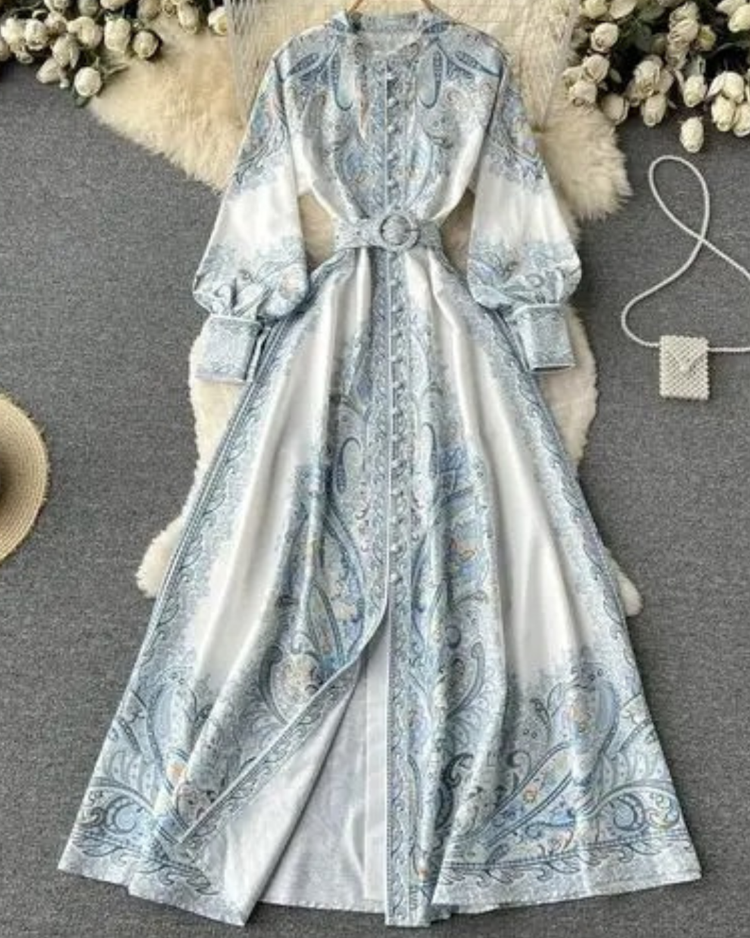 Jessica | Paisley Belted Long Sleeve A-Line Maxi Dress