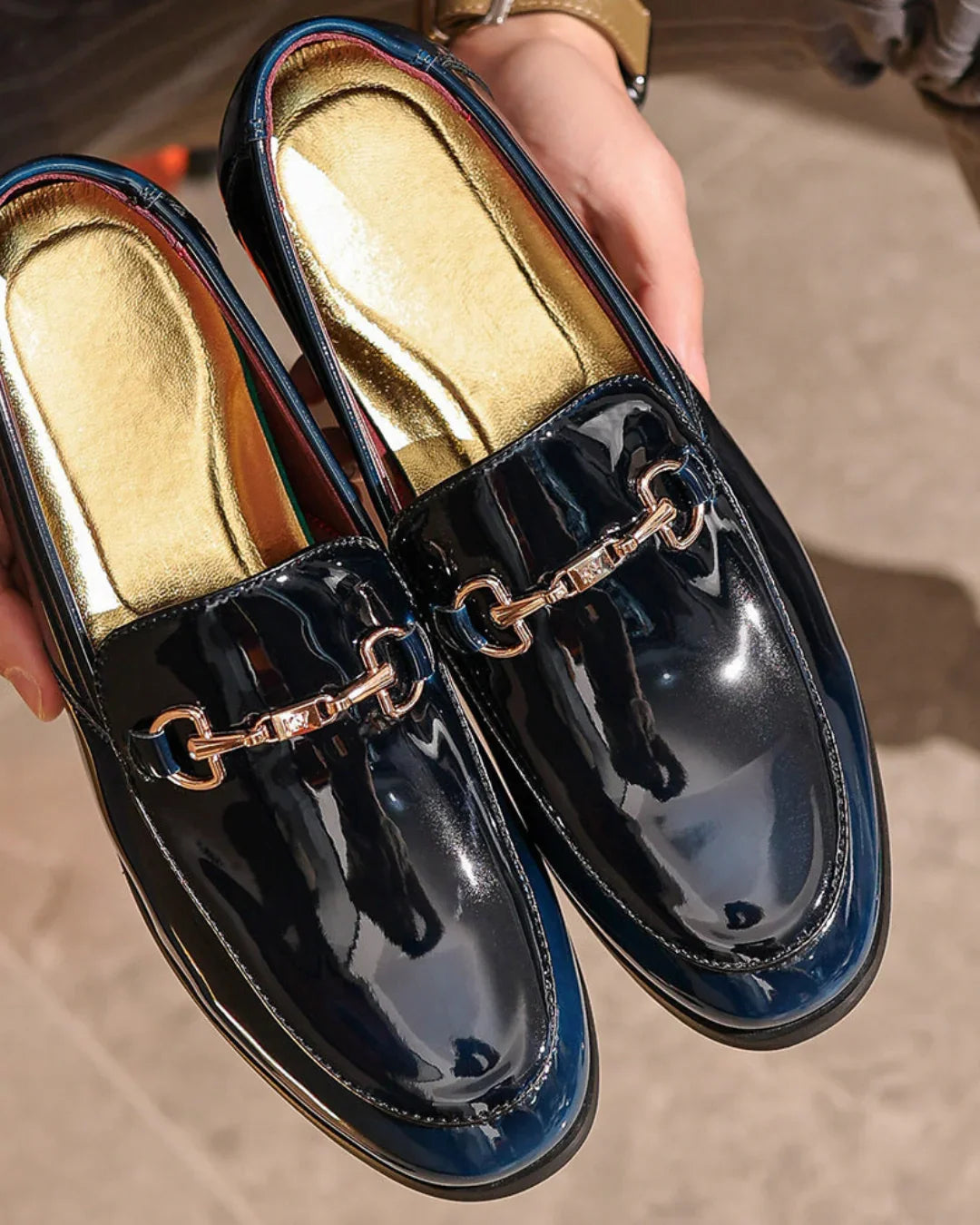 Men’s PU Patent Slip-On Loafers – Formal Shoes with Bit Detail