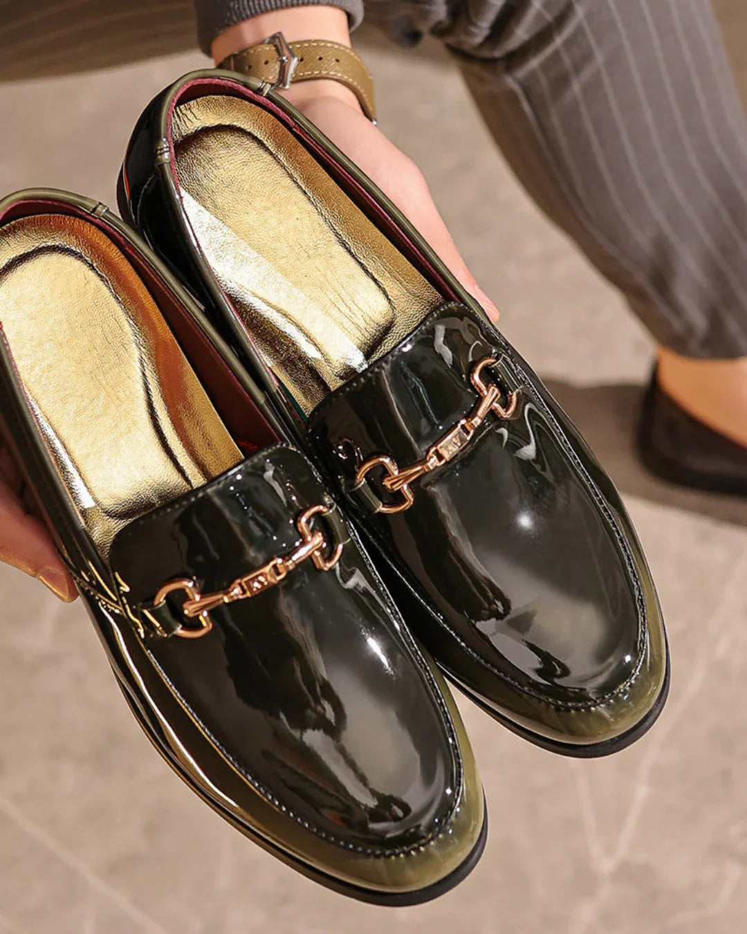 Men’s PU Patent Slip-On Loafers – Formal Shoes with Bit Detail
