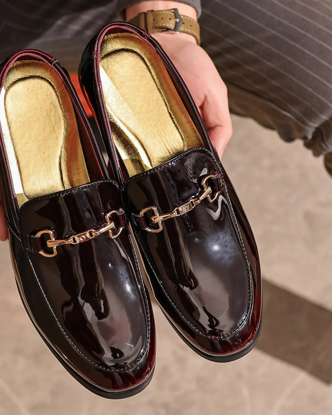 Men’s PU Patent Slip-On Loafers – Formal Shoes with Bit Detail