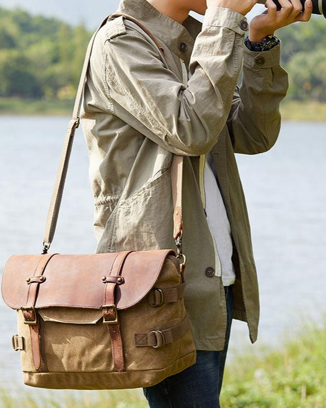 Men’s Vintage Camera Messenger Bag – Waxed Canvas Laptop Satchel 14'1"