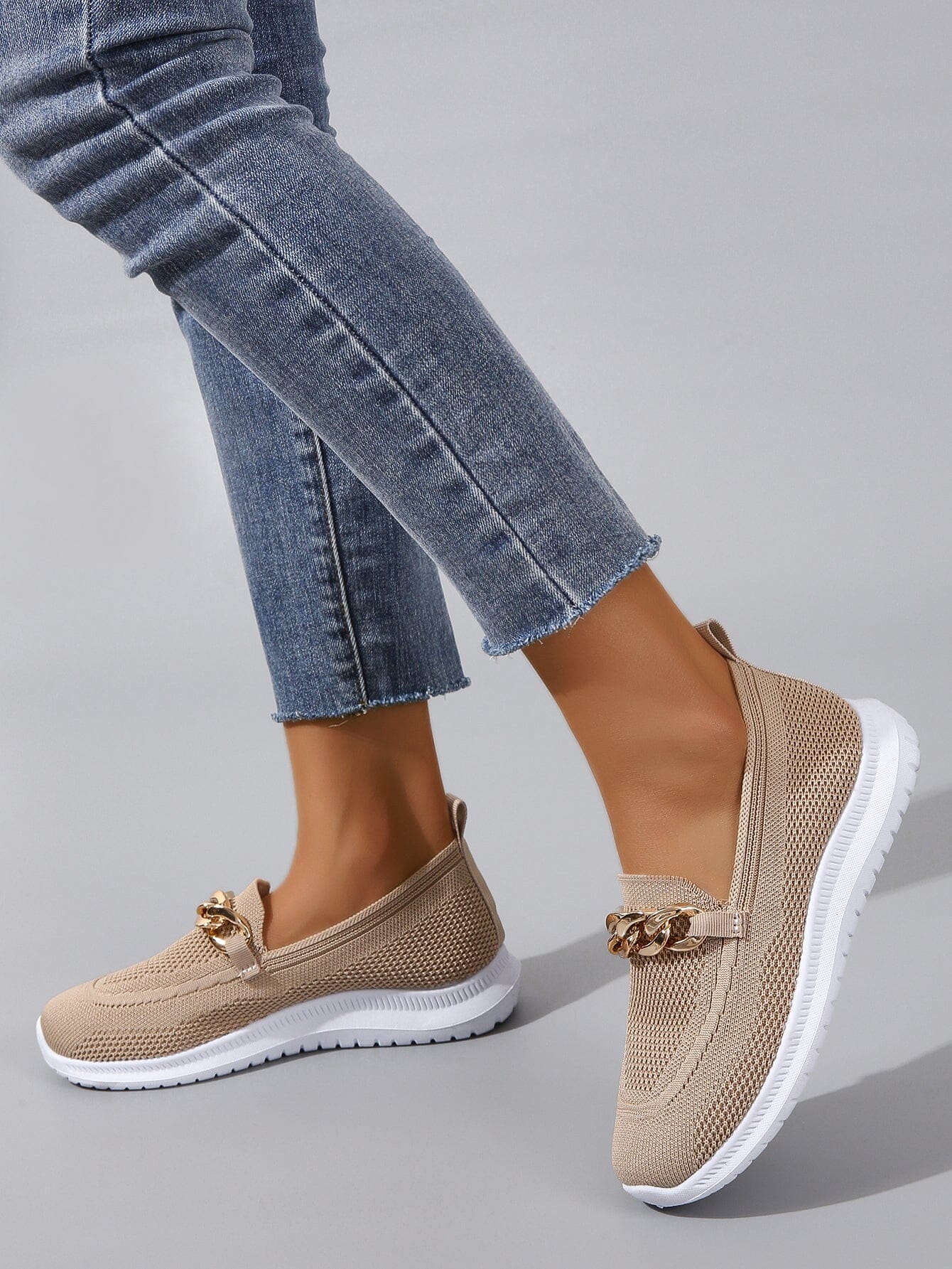 Women's Knit Slip-On Loafers – Lightweight Comfort & Chain Detail