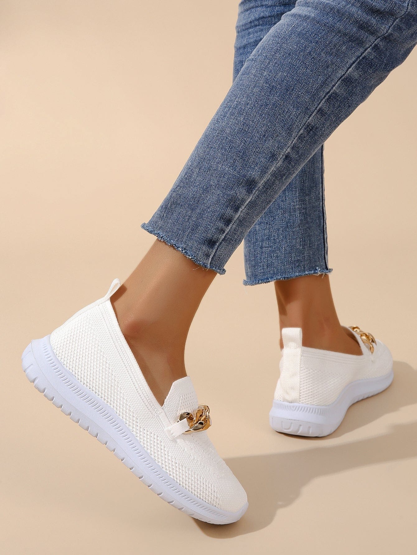 Women's Knit Slip-On Loafers – Lightweight Comfort & Chain Detail