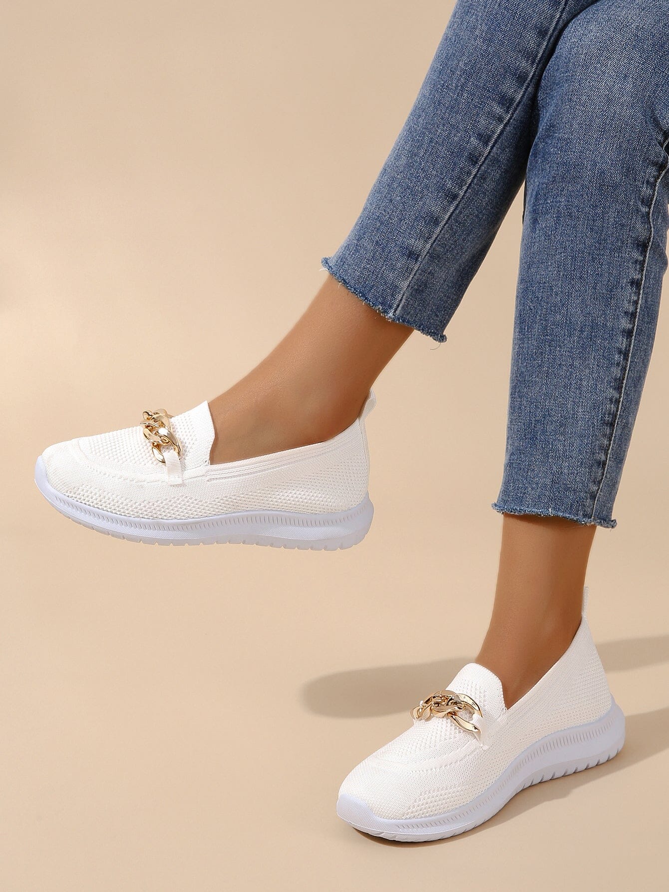 Women's Knit Slip-On Loafers – Lightweight Comfort & Chain Detail