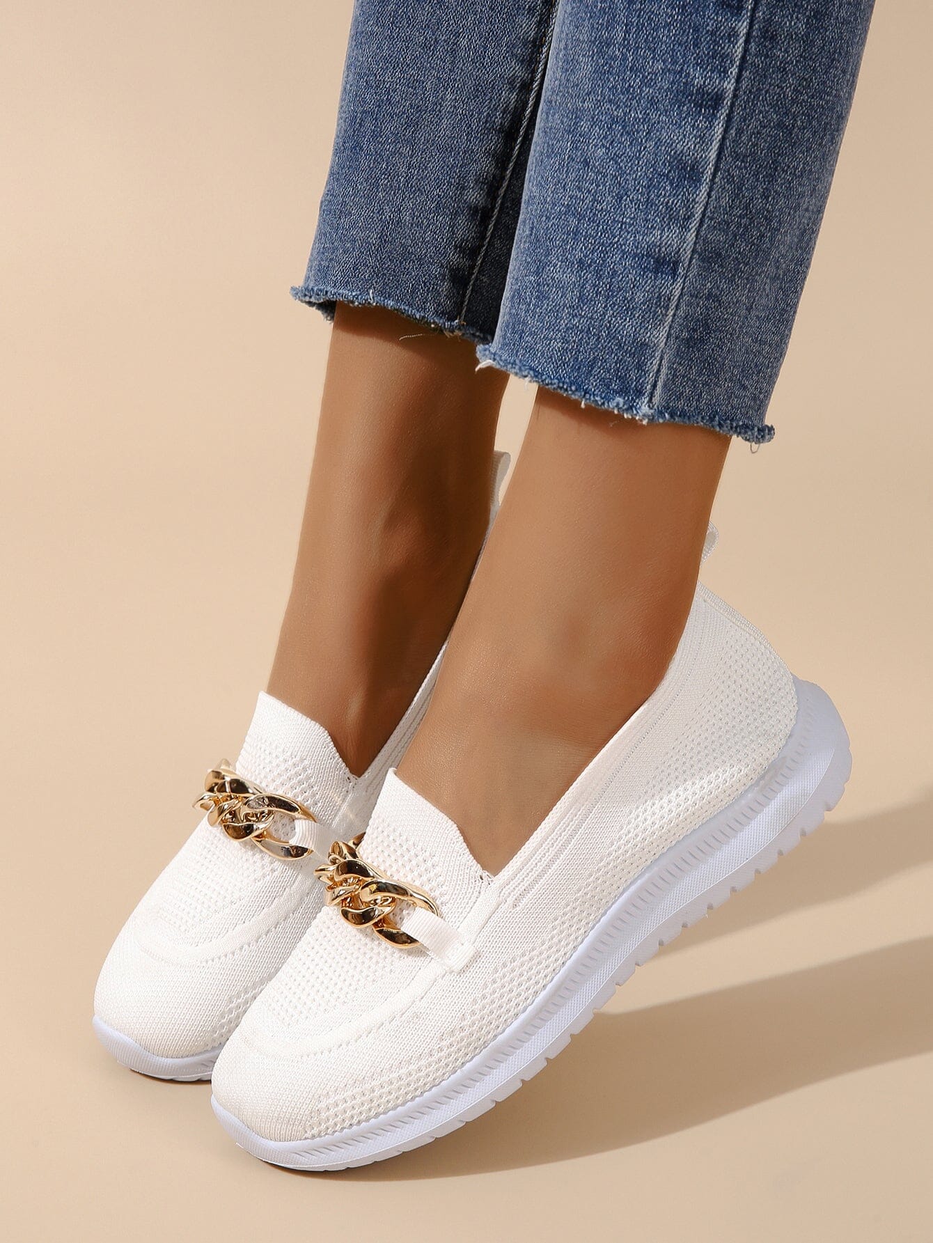Women's Knit Slip-On Loafers – Lightweight Comfort & Chain Detail